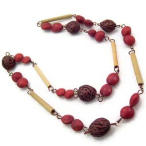 Vintage 1970's Peach Pit Necklace - Red Nut Pods & Bamboo Wood Beads